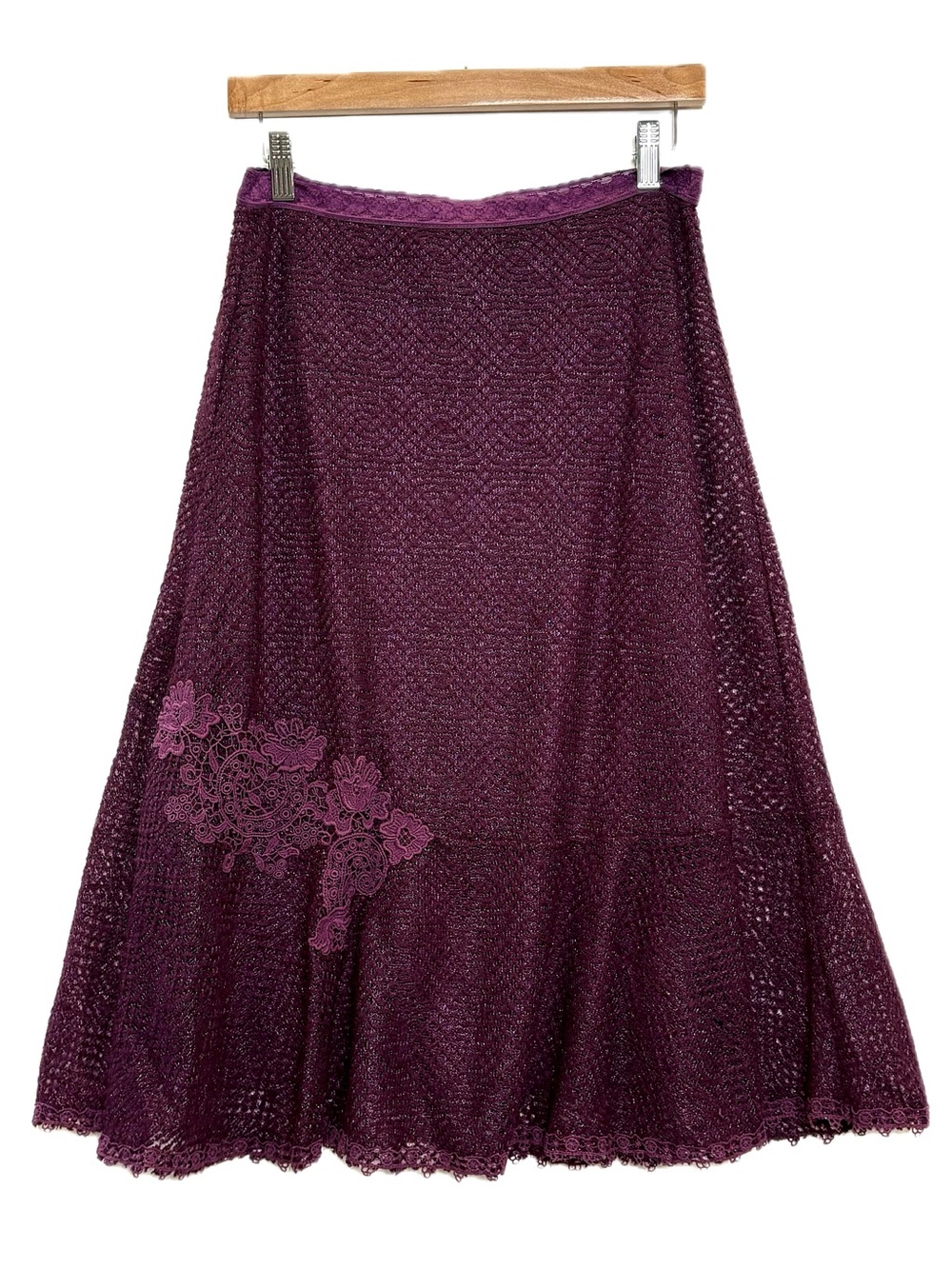 Free People Crochet Knit Midi Skirt Size M Eggplant Metallic Floral Applique